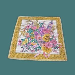 Estate Vintage Silk Designer Scarf Floral Basketweave Countryside Charm 30 x 30